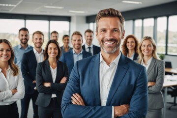 portrait of Smiling confident business leader looking at camera and standing in an office at team meeting.