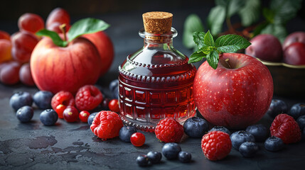 The richness of red apples and fruits showcased the bottle on a dark background 