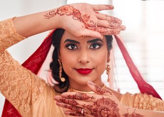 Indian bride, portrait and henna for wedding, celebration and love for marriage. Woman, accessories...