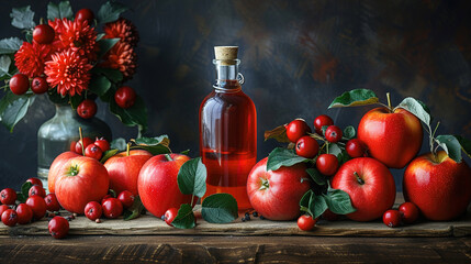 The richness of red apples and fruits showcased the bottle on a dark background 