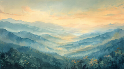 Fototapeta premium A dawn mountain range oil painting on canvas, with soft, pastel colors capturing the early morning light