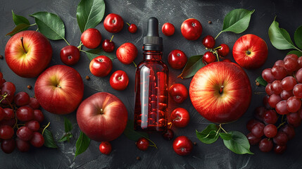 The richness of red apples and fruits showcased the bottle on a dark background 