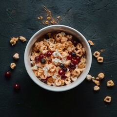 Bowl of muesli with berries dried fruits nuts cereal healthy oatmeal concept