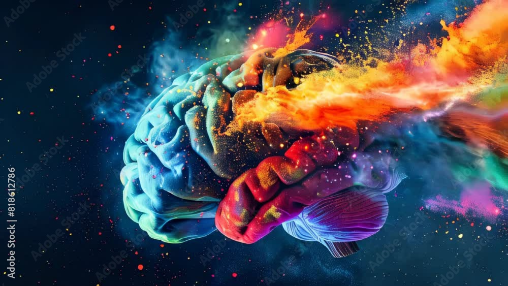 Wall mural a colorful human brain with exploding color dust against a dark background. brilliant ideas concept.