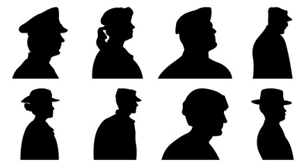 Set of silhouettes of military people.Military service.Military men and women.Vector illustration isolated on white background.