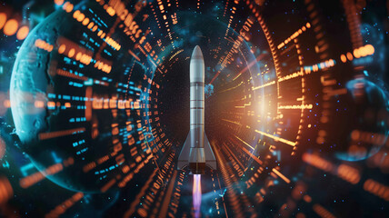 Fototapeta premium 3D rocket model surrounded by digital stock market ticker tape swirling upward, creating a tunnel effect, dark cosmic background