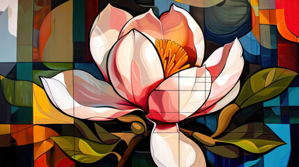 Magnolia abstract beautiful white flower on colorful decorativ background as wallpaper illustration, Elegant White Magnolia Flower	