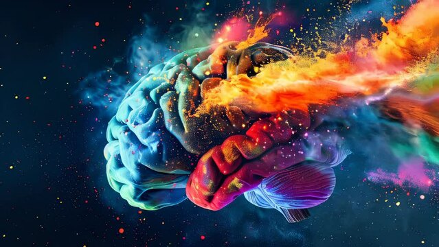 A colorful human brain with exploding color dust against a dark background. Brilliant ideas concept.