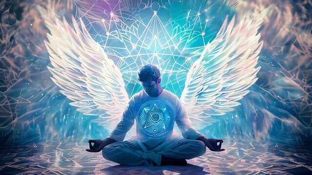 A meditating being with wings and a mandala glowing