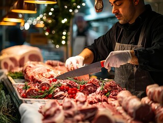 A butcher preparing a festive meal for a community event