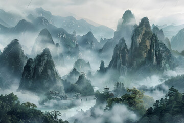 Journey Through Timeless Peaks: A Glimpse into Ancient Chinese Landscapes Captured Through Xu Derived Brushwork