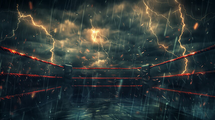 A dramatic scene of an empty boxing ring under a stormy sky, illuminated by flashes of lightning. 