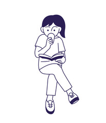 커피를 마시며 책을 읽고 있는 여성. 손그림 스타일 일러스트레이션. 