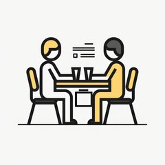 Fototapeta premium Two people are sitting at a table, talking. The table has two glasses on it. The people are both wearing suits.