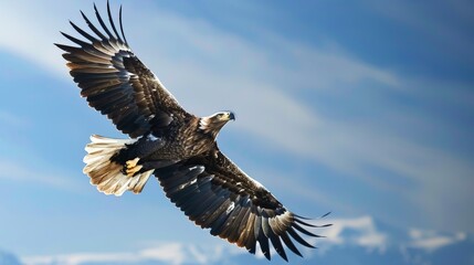 Obraz premium A majestic eagle soaring high in the clear blue sky, with its wings fully spread and sharp eyes focused below