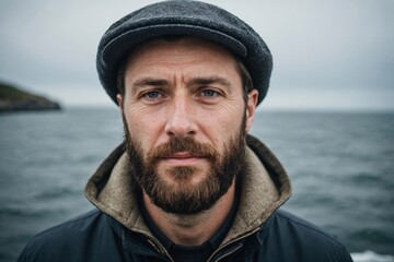 Portrait of a northern european man with a beard in a hat at sea.