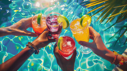 Vibrant scene of friends toasting colorful margaritas against a backdrop of a sunlit pool, palms swaying gently