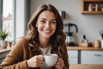Portrait of joyful young woman enjoying a cup of coffee at home.