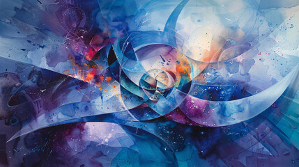 A dynamic abstract watercolor on canvas showcasing vibrant blues and purples with intricate, swirling patterns