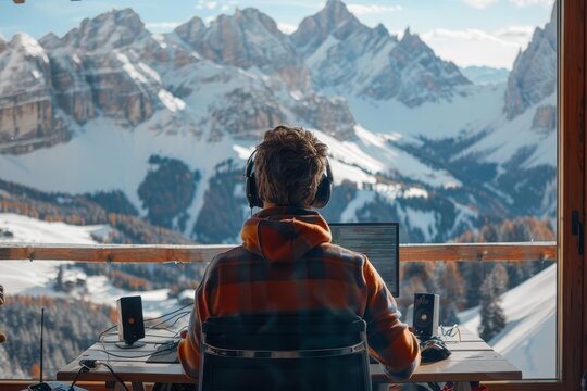 A software developer working remotely from a mountain resort during winter holidays