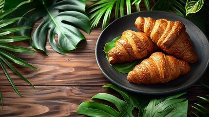 Ceramic black croissant plate on a wooden surface with tropical leaf frame and copy space