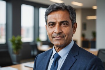 Headshot close up portrait of latin confident mature good looking indian middle age leader,  blur office background