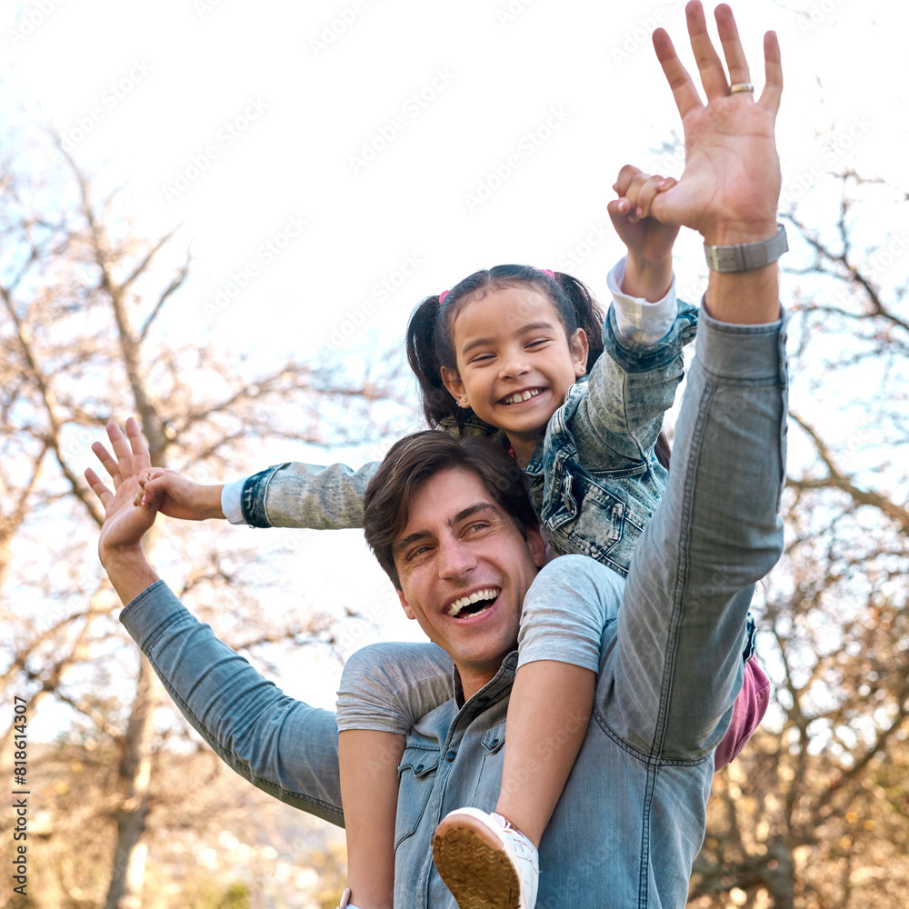 Poster Portrait, child and dad in park for piggyback, playing and bonding together with smile. Happy family, parent or father with girl outdoor in nature for playful, recreation or physical activity