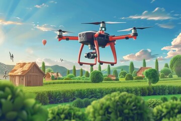 Fototapeta premium Using drones and farm technology for efficient pesticide spraying in precision agriculture and sustainable farming with lush green crop fields using environmental technology.