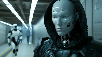 a man in a futuristic suit and a robot in a hallway