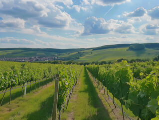 Weinanbau, Weinberg mit Weisswein oder rotwein in idyllischer Landschaft