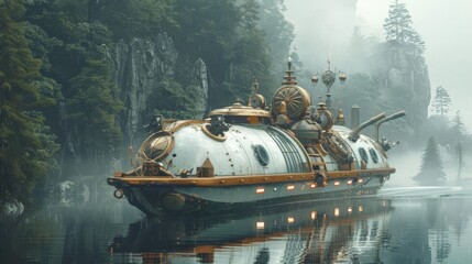 A steampunk boat with mechanical elements and brass details, cruising on a misty lake, Steampunk, Illustration