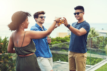 People, friends and cheers with alcohol on rooftop for celebration, summer holiday and bonding in...