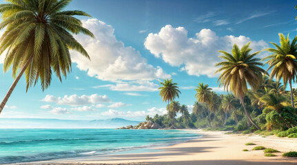Beautiful palm trees on a sandy beach with a clear blue sky.