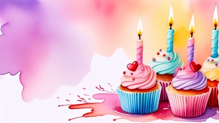 4 vibrant colorful cupcakes, adorned with hearts and lit candles on top against watercolor stains. concepts: birthday party invitation background, bakery or dessert menu, party planning services.
