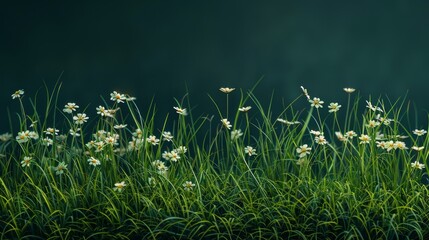 A field of white flowers with green grass in the background