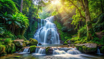 A refreshing waterfall in a lush forest setting, offering a natural backdrop for showcasing outdoor products or promoting eco-friendly initiatives.