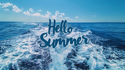 "Hello Summer" beautifully handwritten against a deep blue ocean backdrop with gentle waves. 8k, realistic, full ultra HD, high resolution, and cinematic photography.