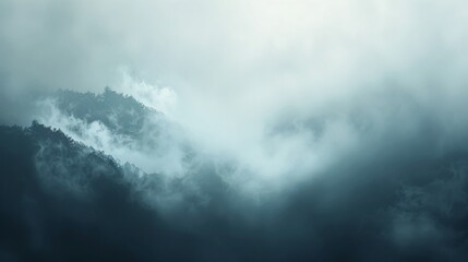 Scenic view of misty forest with trees and clouds. Ethereal landscape concept