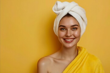 Woman in towel smiling on yellow background.