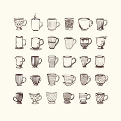 A collection of coffee cups with various designs and patterns