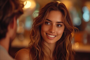 Fototapeta premium A woman smiling at a man in a bar.