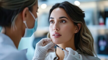 Obraz premium A woman is getting her face treated by a doctor.