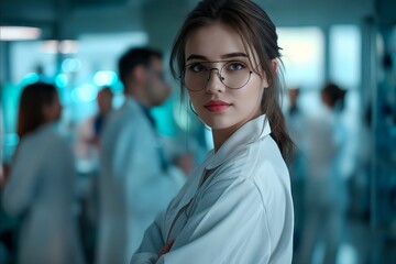 Naklejka premium A woman in lab coat with glasses.