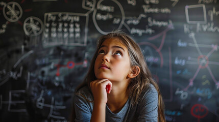 Young Girl Examining Blackboard Math Problems
