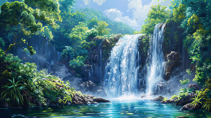 A majestic waterfall cascading into a pool oil painting on canvas, with lush foliage surrounding the scene