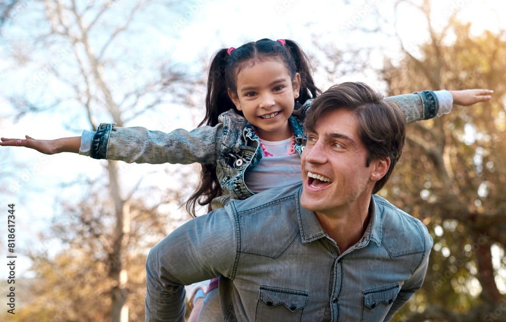 Poster Portrait, dad and girl in nature for piggyback, playing and bonding together with smile. Happy family, parent or father with daughter outdoor in park for motor skills, recreation or physical activity