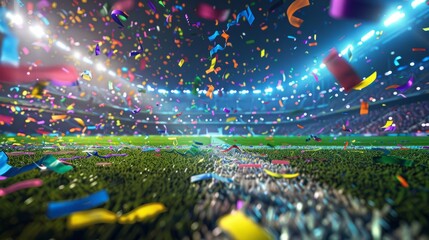 Soccer stadium with confetti as its peak moment background. Generative AI