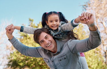 Portrait, dad and kid in park for piggyback, playing and bonding together with smile. Happy family,...