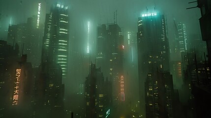 Close-up shot of a futuristic cityscape, decaying skyscrapers enshrouded in dense smog, neon signs flickering, acid rain pouring, photorealistic detail, bleak and haunting mood