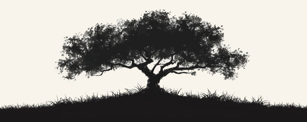 Oak tree silhouette sketch hand drawn in doodle style Vector illustration